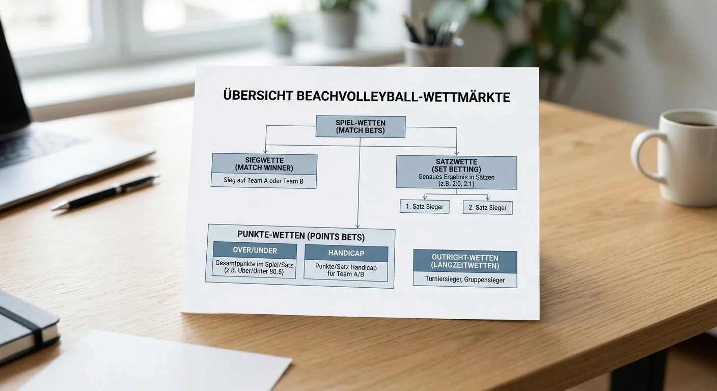 Übersicht der Beachvolleyball Wettmärkte — Siegwette, Satzwette und Over/Under in einer Kombiwette verglichen
